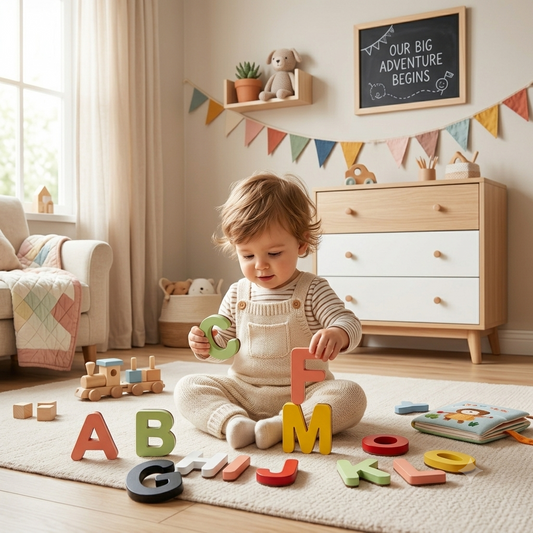 A toddler sits on a cream rug in a bright nursery, holding colorful wooden alphabet letters while surrounded by other toys, a dresser, and a chalkboard sign reading 'OUR BIG ADVENTURE BEGINS'.