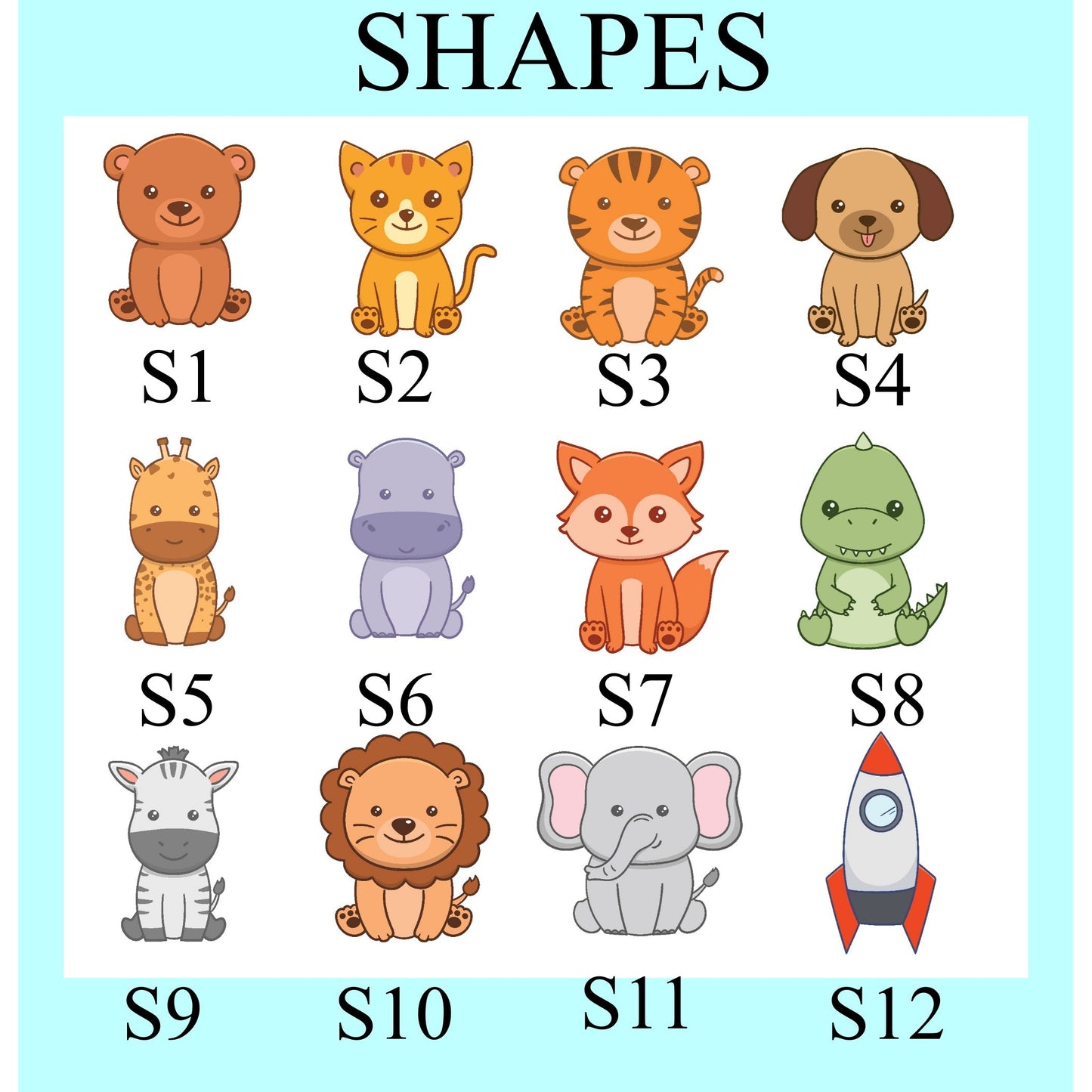 A labeled educational chart titled "SHAPES" showing twelve cartoon animal and object shapes arranged in a grid, each with a code such as S1, S2, S3, etc. The chart includes a brown bear, orange cat, tiger, dog, giraffe, hippo, fox, dinosaur, zebra, lion, elephant, rocket, and a green dinosaur-like creature on a white panel with a light blue border.