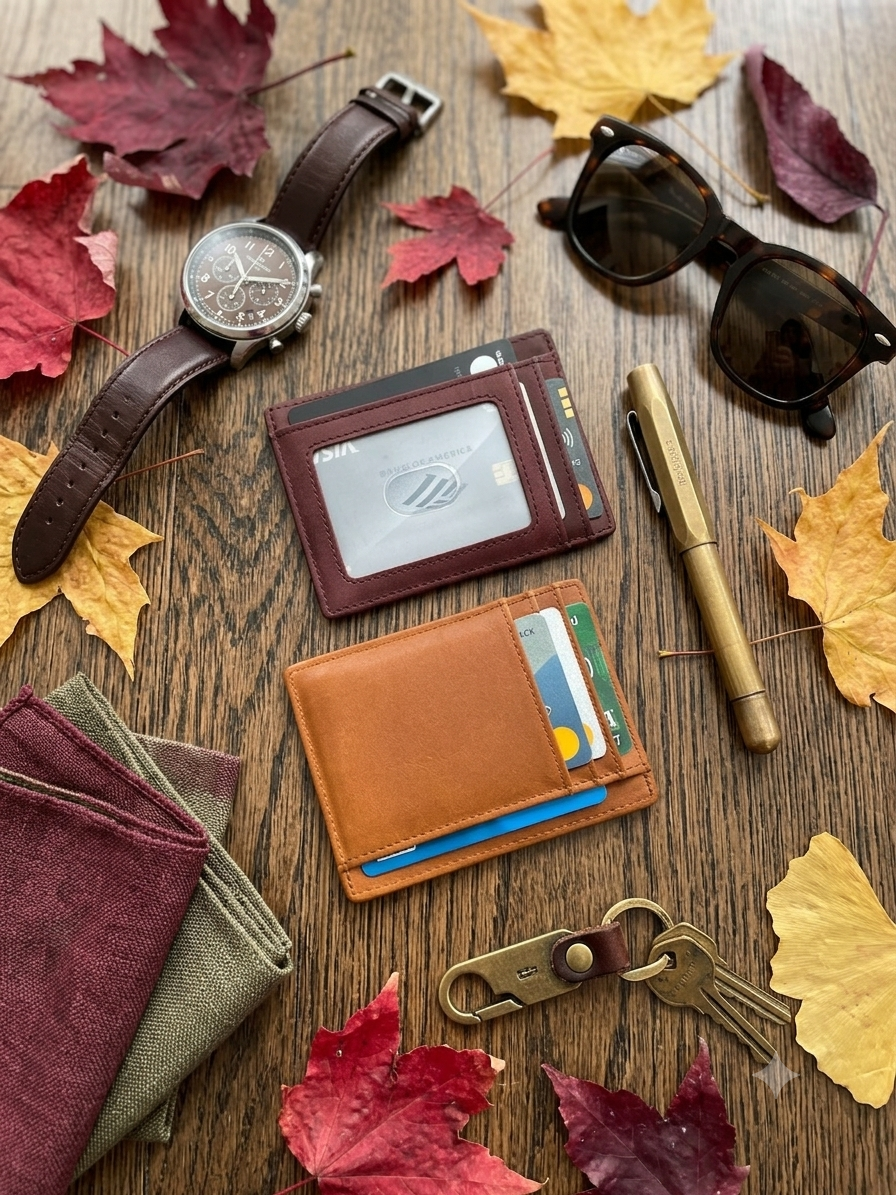 A styled flat-lay of leather accessories on a wooden surface with autumn leaves. The main products include a brown leather card holder, a tan leather wallet with card slots and a pen, a dark brown leather belt with a watch, sunglasses, a pen, keys, and folded fabric items.