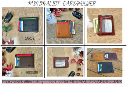 A collage of six product photos showing minimalist cardholders in different colors: black, tan, reddish-brown, dark brown, tan, and navy. Each cardholder is shown with sample cards and key fobs on a wood surface with decorative leaves.