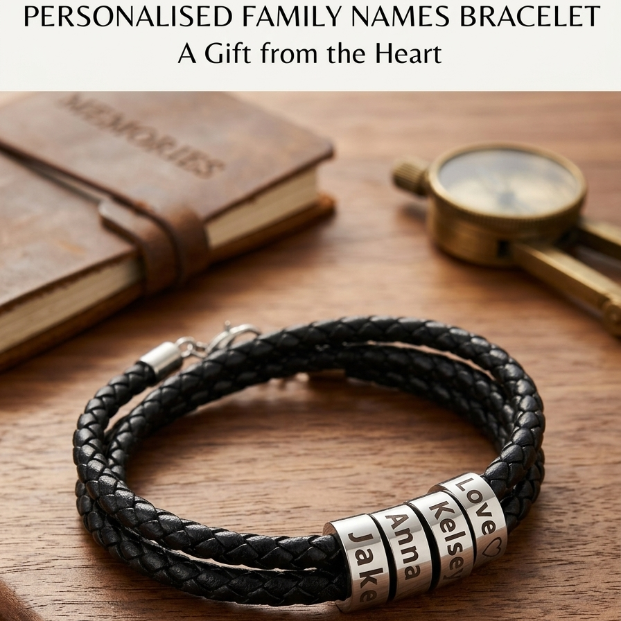 A black braided leather bracelet with three silver cylindrical name beads engraved with family names, displayed on a wooden surface with a book and compass in the background.