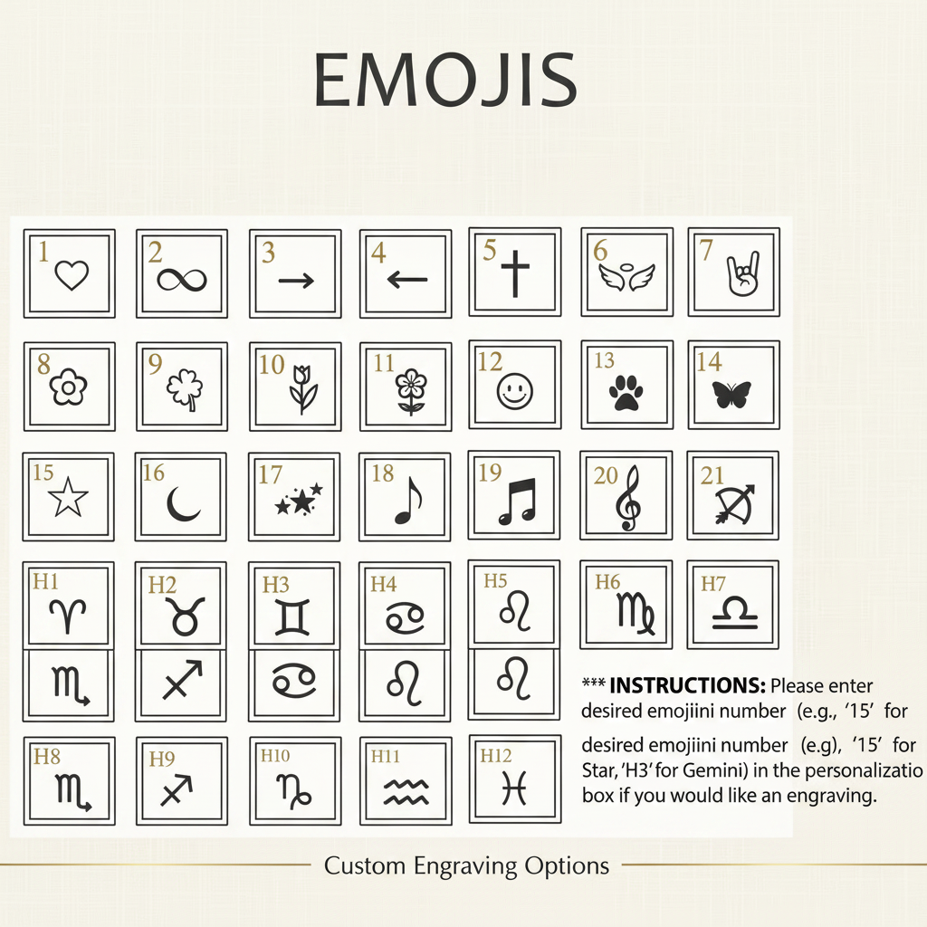 A reference chart titled 'EMOJIS' showing 24 different black emoji symbols arranged in a grid on a light beige textured background, with numbers 1 through 24 and instructions for custom engraving options at the bottom.