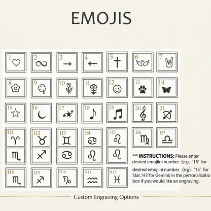 A reference chart titled 'EMOJIS' showing 24 different black emoji symbols arranged in a grid on a light beige textured background, with numbers 1 through 24 and instructions for custom engraving options at the bottom.
