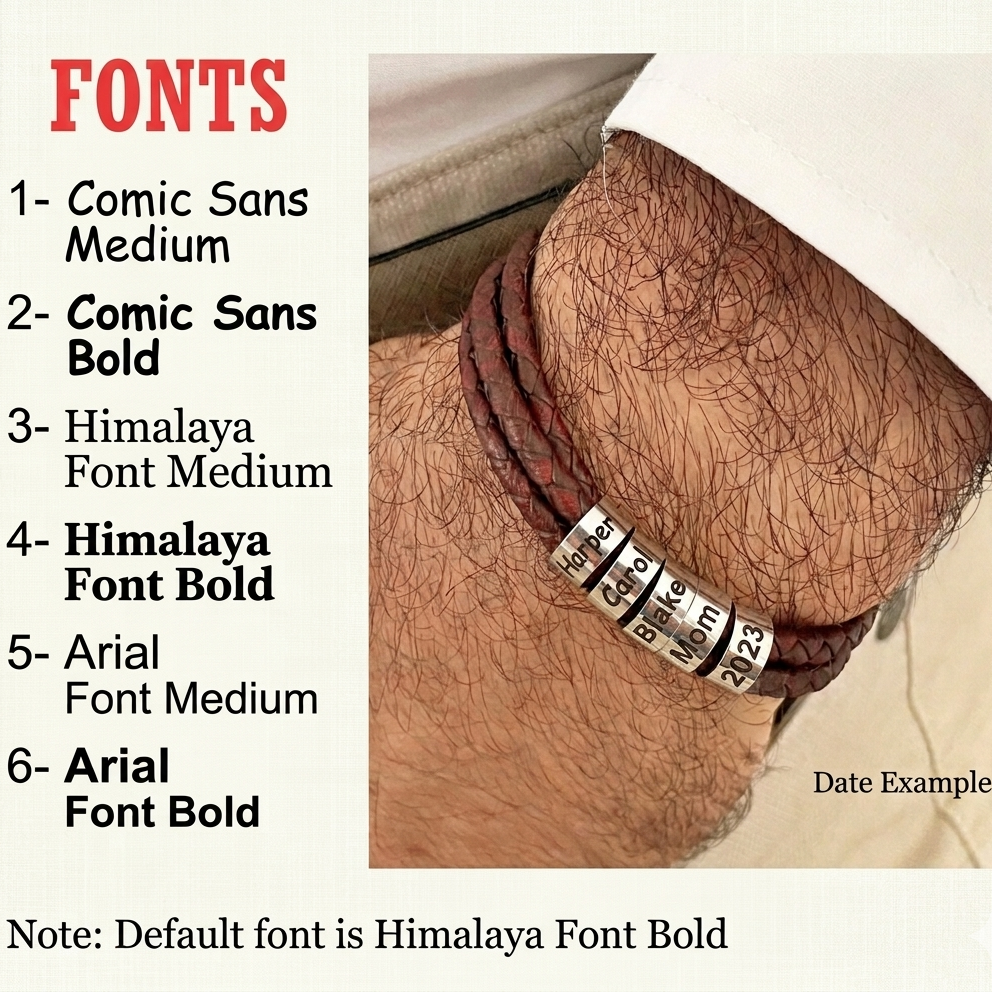A product information graphic showing a wrist strap bracelet worn on a person's wrist, alongside a list of available fonts and text reading 'Date Example.' Because a real person's arm is visible, this falls under Lifestyle rather than Product/Packaging or Instruction Diagram.
