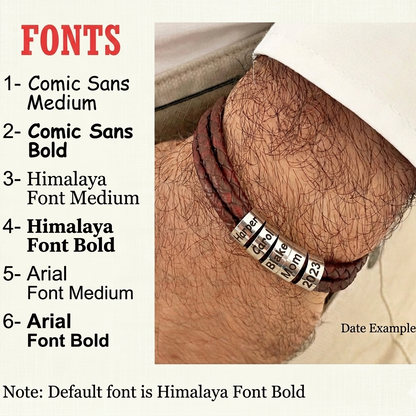 A product information graphic showing a wrist strap bracelet worn on a person's wrist, alongside a list of available fonts and text reading 'Date Example.' Because a real person's arm is visible, this falls under Lifestyle rather than Product/Packaging or Instruction Diagram.