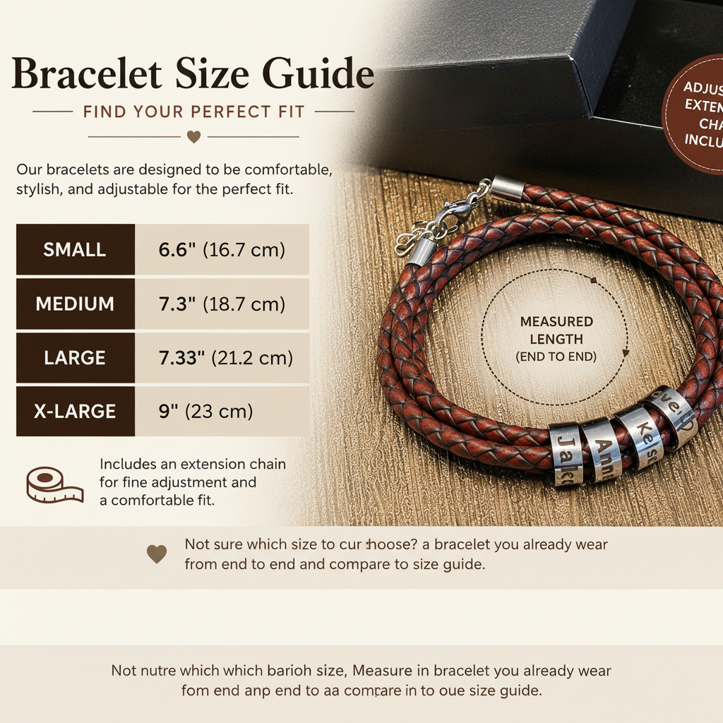 A bracelet size guide infographic showing a braided brown leather bracelet on a wood surface next to a black box, with text listing small, medium, large, and x-large measurements in centimeters and inches. A circular badge says adjustable extension chain included.