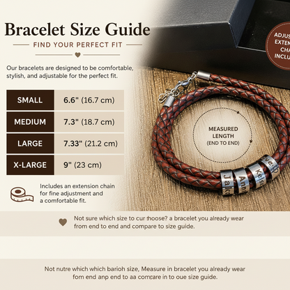 A bracelet size guide infographic showing a braided brown leather bracelet on a wood surface next to a black box, with text listing small, medium, large, and x-large measurements in centimeters and inches. A circular badge says adjustable extension chain included.