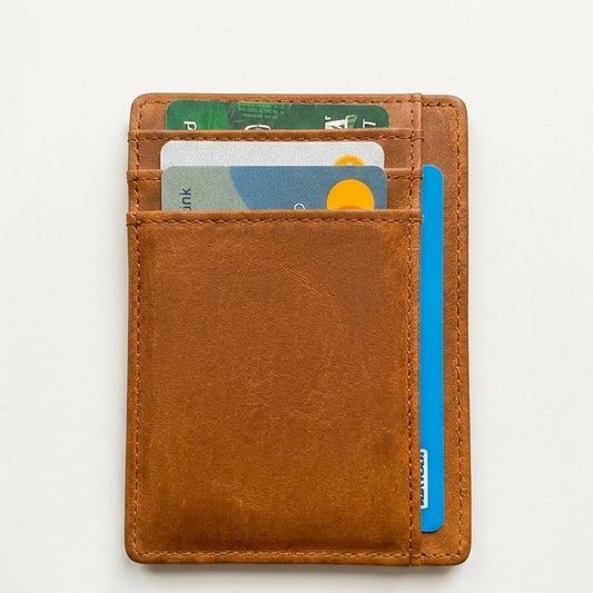 A brown leather cardholder wallet shown open, containing several cards in its slots, on a clean white background.