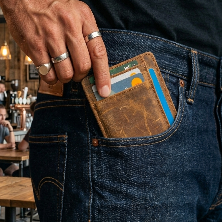 A close-up of a person's hand reaching into the back pocket of dark blue denim jeans to pull out a brown leather card holder wallet containing credit cards, set in a cafe environment.