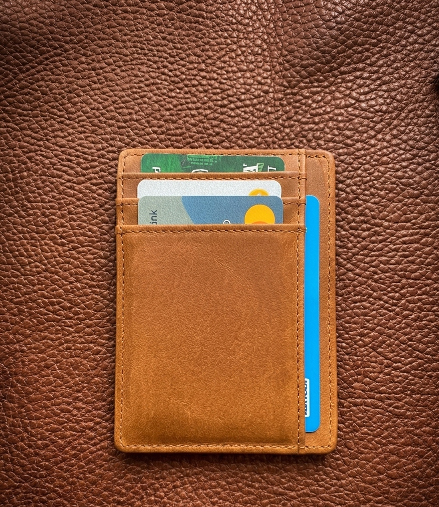 A slim tan leather card holder wallet with multiple card slots and a front slip pocket, shown closed on a brown textured leather background. Several cards are partially visible inside.