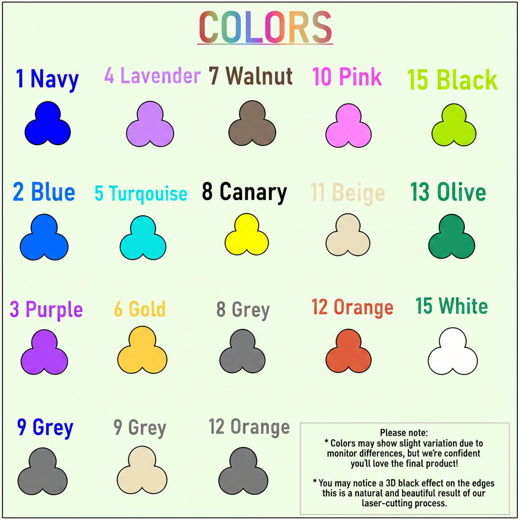 A color options chart titled "COLORS" showing 16 different color swatches with numbered labels such as Navy, Lavender, Walnut, Pink, Olive, Black, Blue, Turquoise, Canary, Beige, Army green, Grey, Orange, and White. Each swatch is represented by a small cloud-like shape above the text.