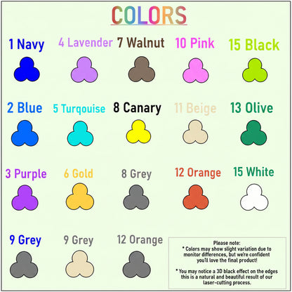 A color options chart titled "COLORS" showing 16 different color swatches with numbered labels such as Navy, Lavender, Walnut, Pink, Olive, Black, Blue, Turquoise, Canary, Beige, Army green, Grey, Orange, and White. Each swatch is represented by a small cloud-like shape above the text.
