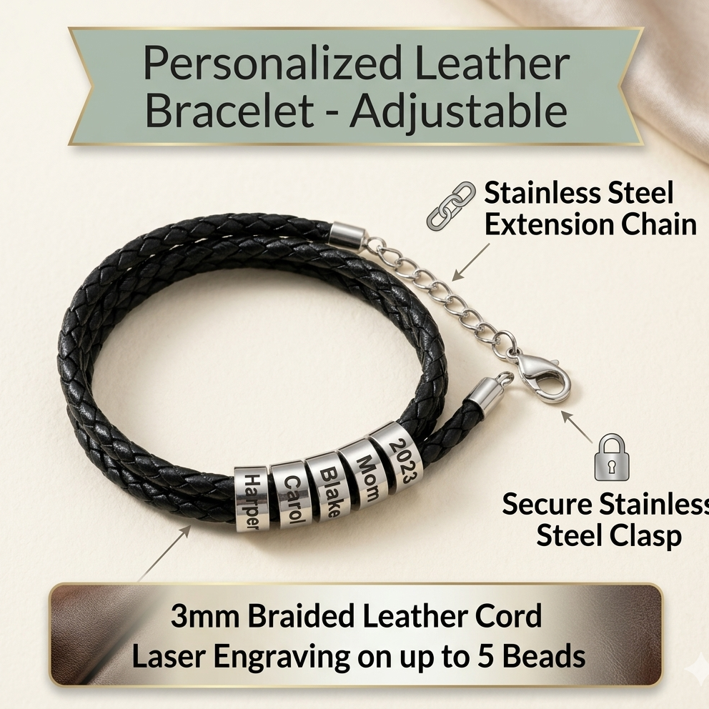 A black braided leather adjustable bracelet with silver-tone metal clasp and extension chain, shown on a light beige background with callout labels for stainless steel extension chain, secure stainless steel clasp, 3mm braided leather cord, and laser engraving on up to 5 beads.