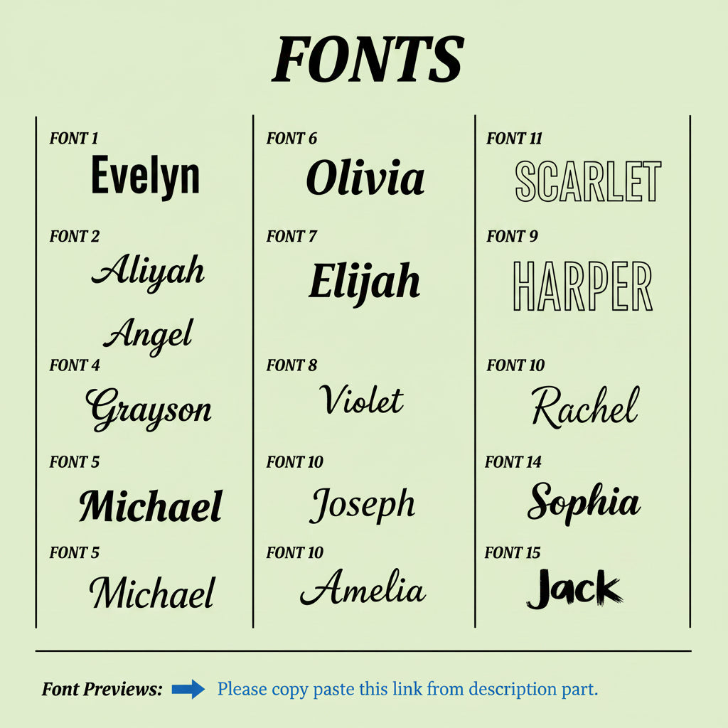 A digital preview sheet showing 15 different font styles labeled Font 1 through Font 15, with sample names like Evelyn, Olivia, Scarlet, Elijah, Violet, Rachel, Sophia, Harper, Joseph, and Jack. The sheet has a light green background with black text and a note at the bottom that says 'Please copy paste this link from description part.
