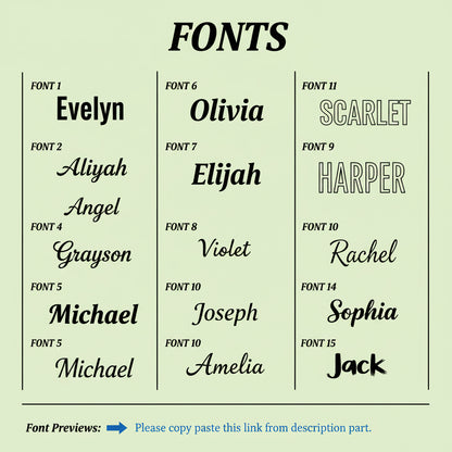 A digital preview sheet showing 15 different font styles labeled Font 1 through Font 15, with sample names like Evelyn, Olivia, Scarlet, Elijah, Violet, Rachel, Sophia, Harper, Joseph, and Jack. The sheet has a light green background with black text and a note at the bottom that says 'Please copy paste this link from description part.