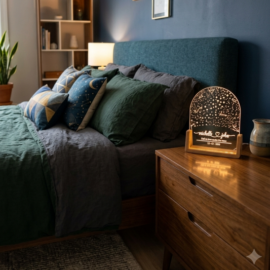 A styled bedroom scene with a bed dressed in deep green and gray bedding, a dark teal upholstered headboard, a wooden nightstand, framed wall art, a lamp, and a glowing decorative night light. The room has a dark blue wall and a potted plant near a window.