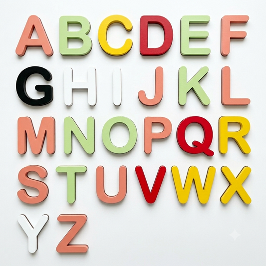 Colorful alphabet letter tiles arranged in a grid on a white background, including peach, light green, yellow, red, black, and white letters from A to Z.