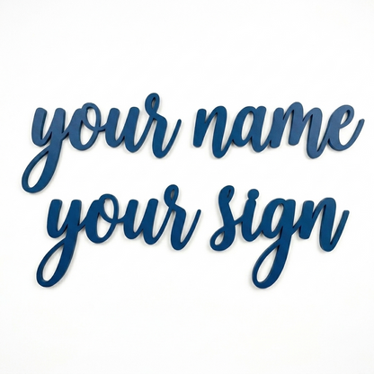 Customizable dark blue wooden wall sign with the text 'your name your sign' in a cursive script font, shown on a plain white background.